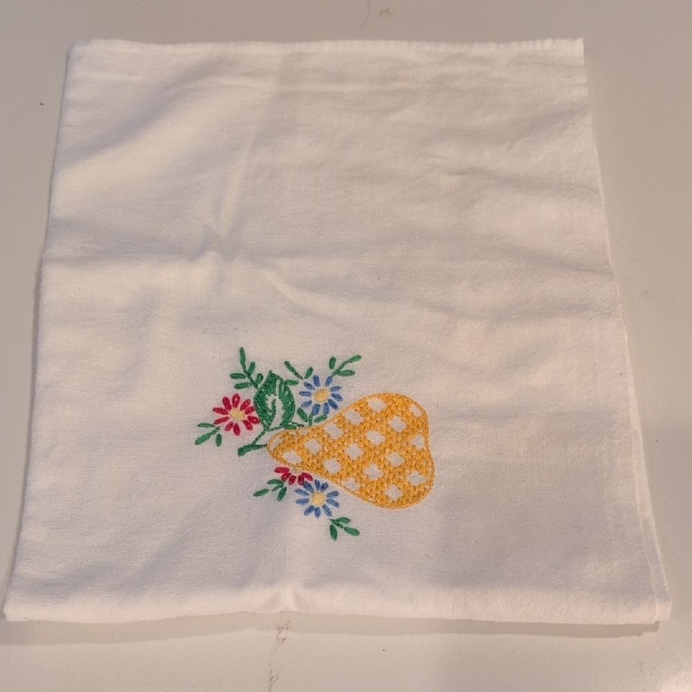 Vintage Embroidered White Tea Towel with Floral Pear Design